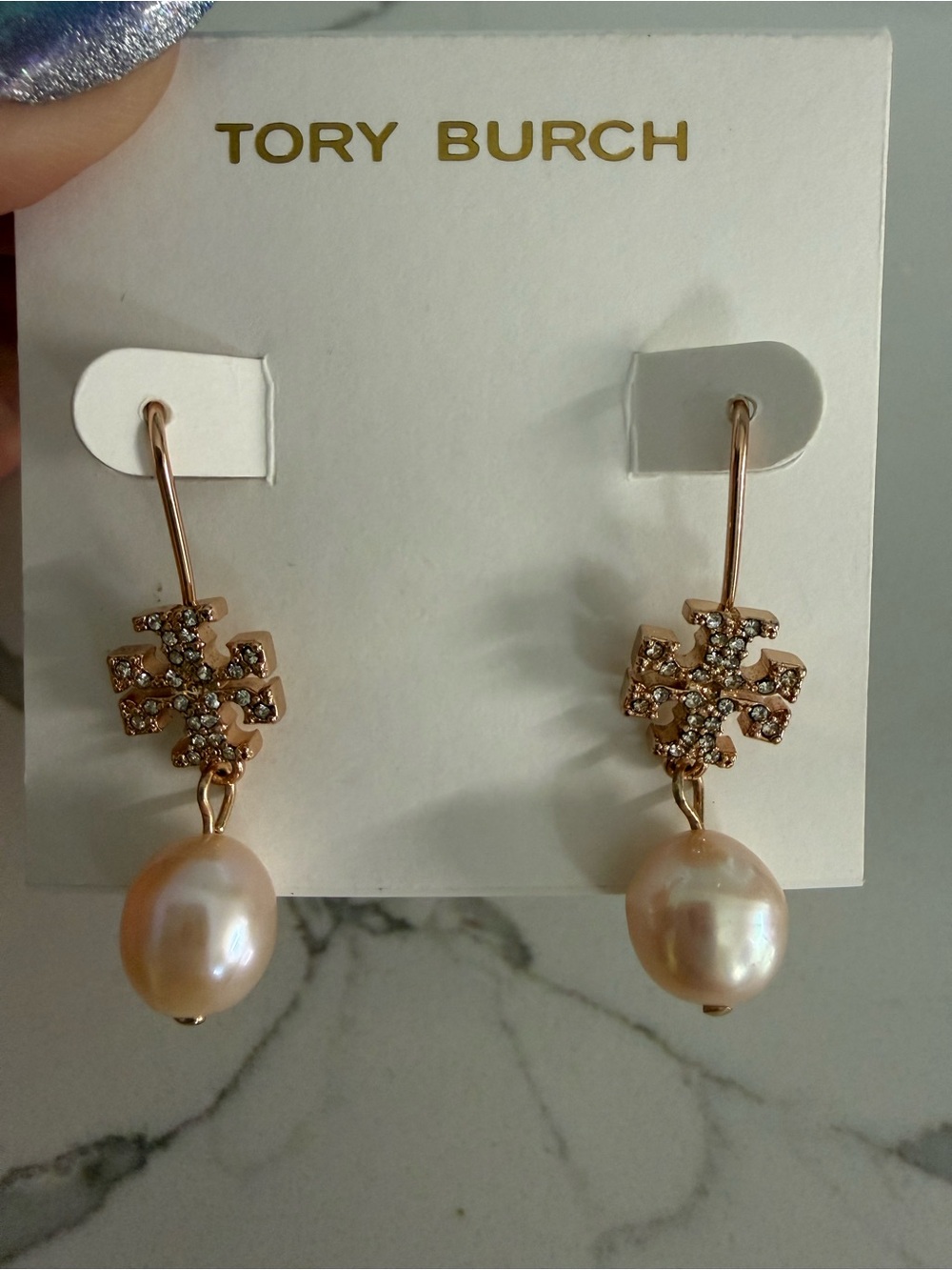 Tory Burch Rose Gold Logo Crystal and Pearl Drop Earrings. New, never used